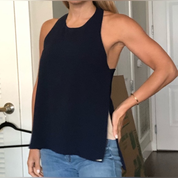 Line & Dot Navy with Cream Side Drape Halter Top Poly Overlay Size XS - Picture 3 of 13